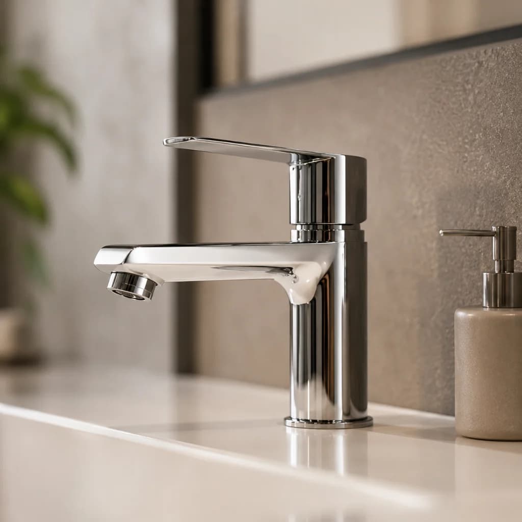 Robinet mitigeur fermé, en acier sur un lavabo rectangulaire blanc en céramique