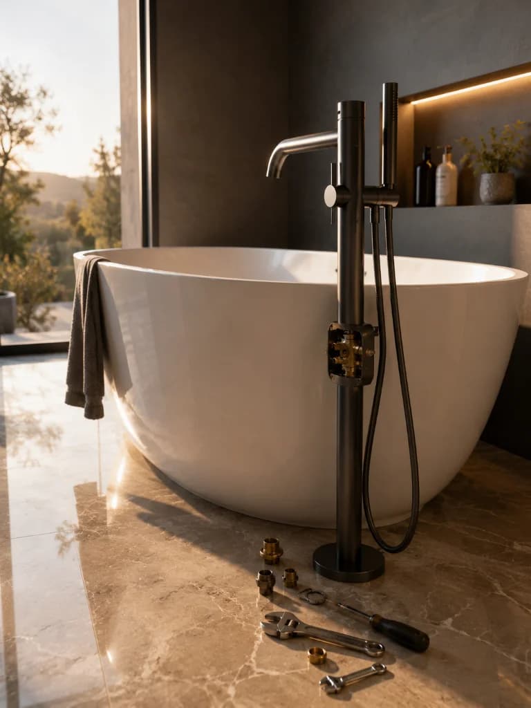 Baignoire ovale non encastrée blanche avec robinetterie chromée mat sombre moderne