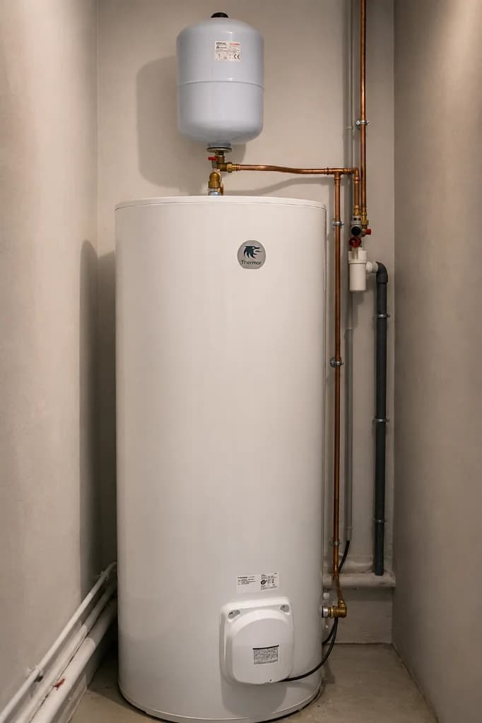 Chauffe-eau grand blanc haute capacité posé au sol proprement